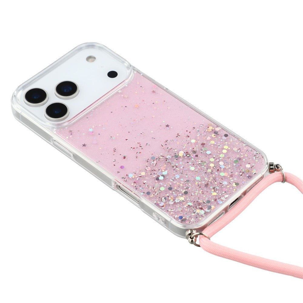 For iPhone 17 Pro Max Case Cute Bling TPU Epoxy Phone Cover with Lanyard - Pink