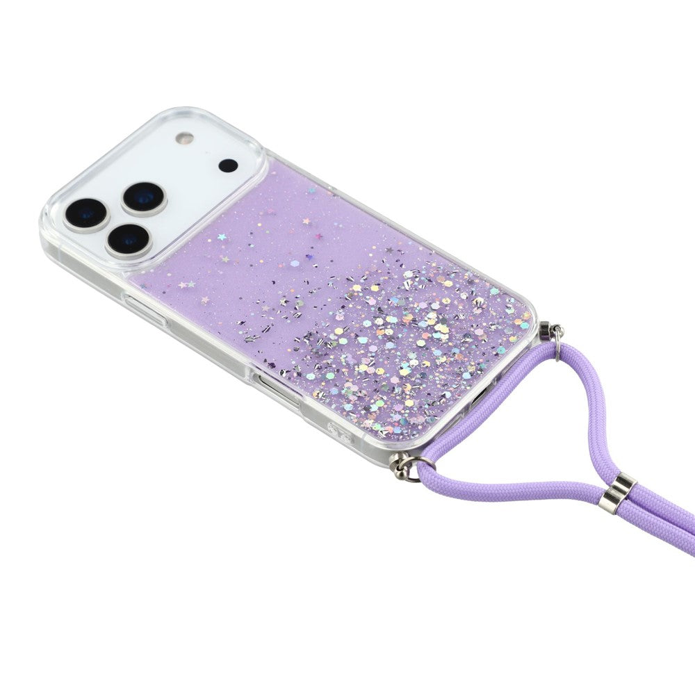 For iPhone 17 Pro Max Case Cute Bling TPU Epoxy Phone Cover with Lanyard - Purple