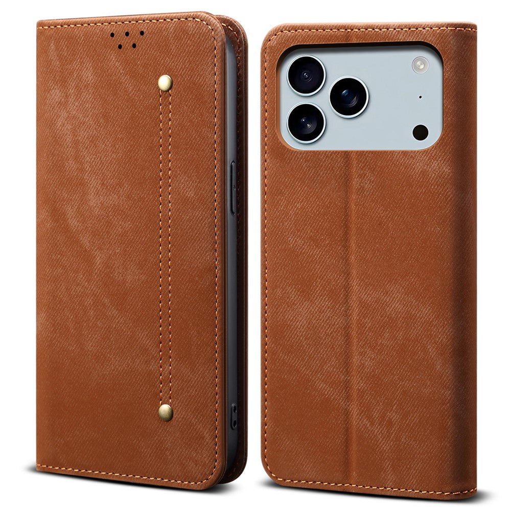 For iPhone 17 Pro Max Case Jeans Cloth Texture Anti-Scratch Leather Stand Phone Cover - Coffee