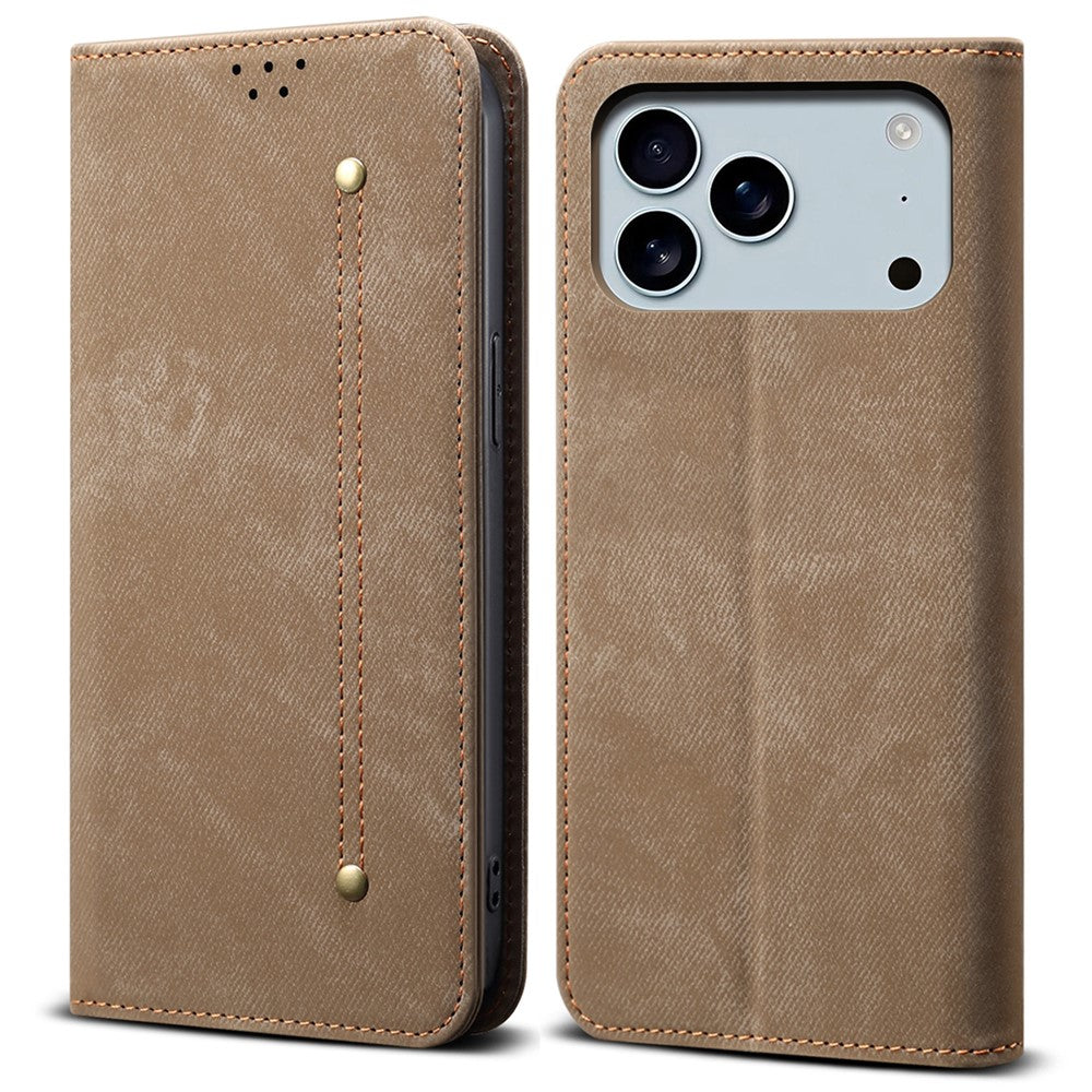 For iPhone 17 Pro Max Case Jeans Cloth Texture Anti-Scratch Leather Stand Phone Cover - Khaki
