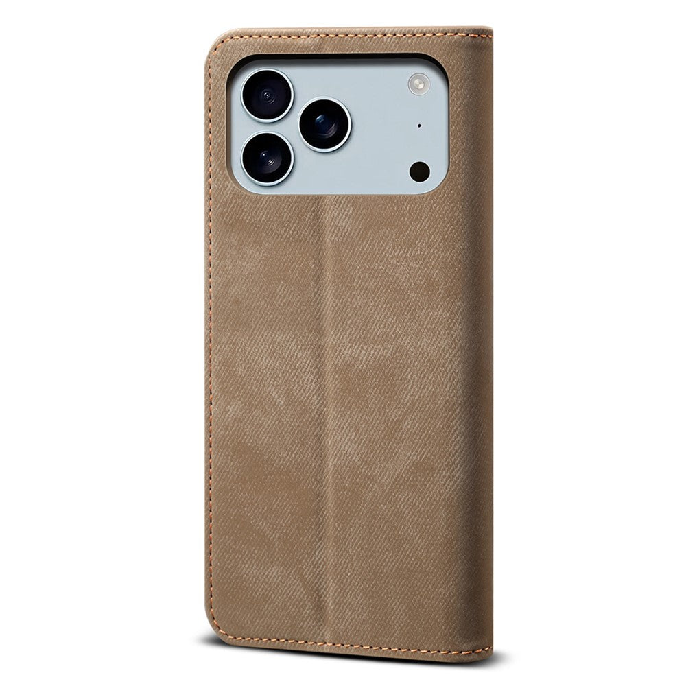 For iPhone 17 Pro Max Case Jeans Cloth Texture Anti-Scratch Leather Stand Phone Cover - Khaki