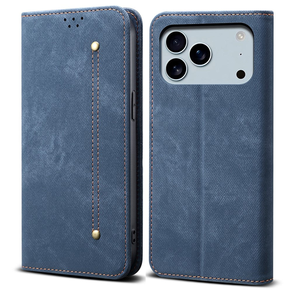 For iPhone 17 Pro Max Case Jeans Cloth Texture Anti-Scratch Leather Stand Phone Cover - Blue