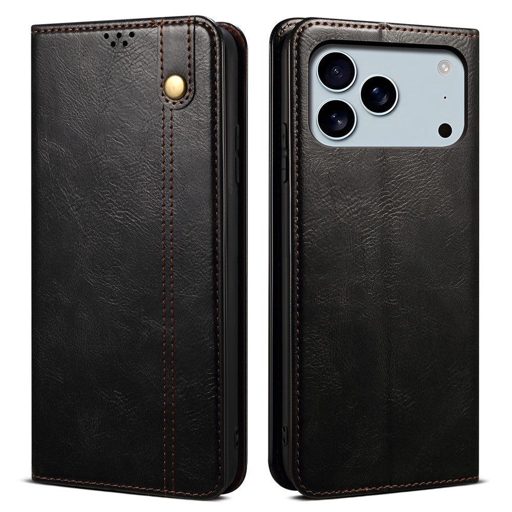 For iPhone 17 Pro Max Case Crazy Horse Texture Waxy Leather Wallet Stand Phone Cover - Black