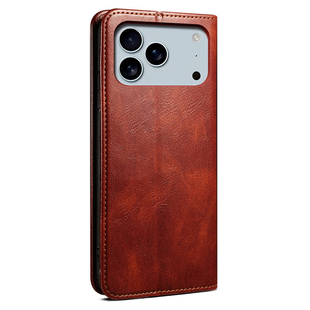 For iPhone 17 Pro Max Case Crazy Horse Texture Waxy Leather Wallet Stand Phone Cover - Brown
