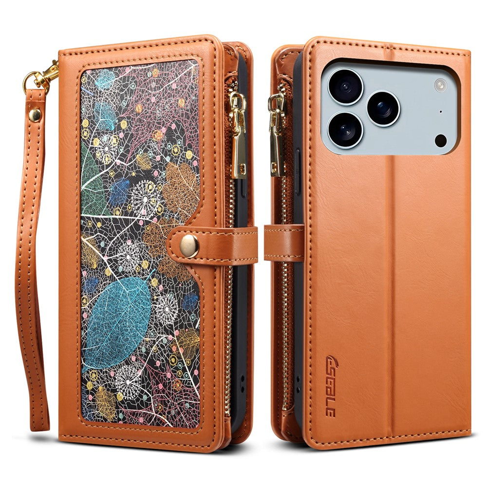 ESEBLE Galaxy Series For iPhone 17 Pro Max Case RFID Blocking Leather Zipper Phone Cover with Shoulder Strap + Wrist Strap - Brown
