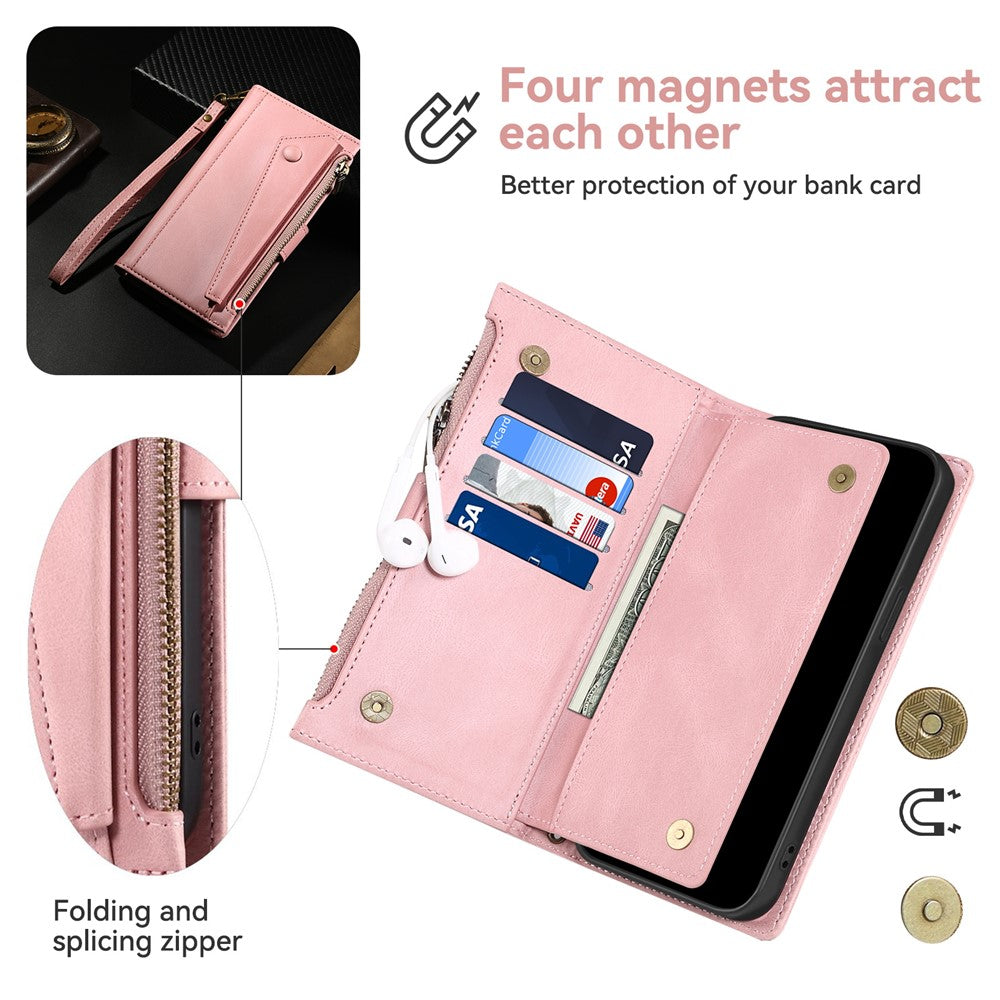 ESEBLE Star Series For iPhone 17 Pro Max Case Zipper Wallet Leather Stand Phone Cover with Wrist Strap - Rose Gold