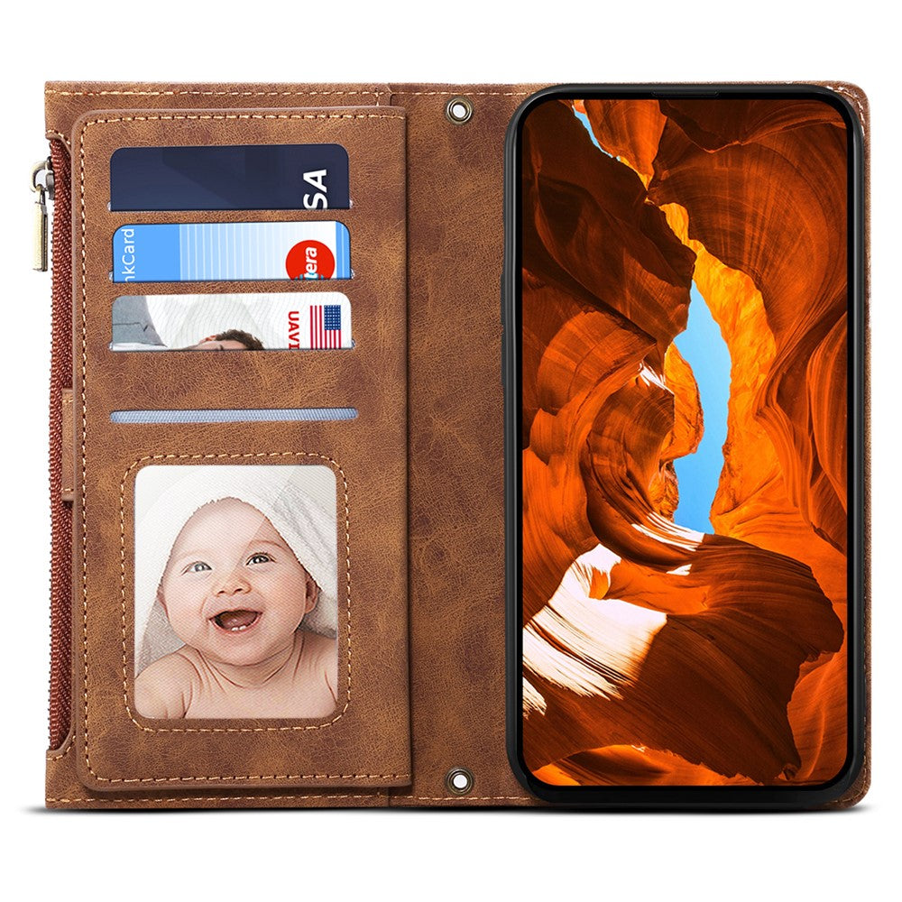 ESEBLE Star Series For iPhone 17 Pro Max Case Zipper Wallet Leather Stand Phone Cover with Wrist Strap - Brown