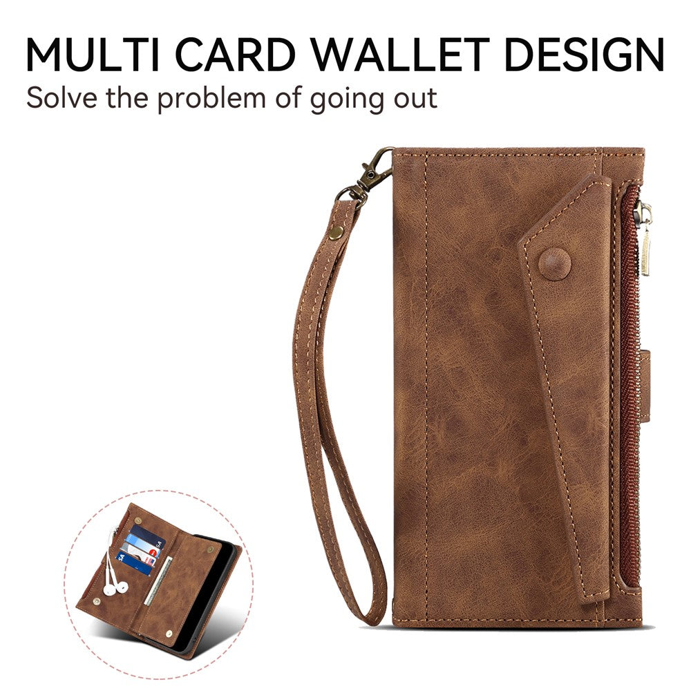 ESEBLE Star Series For iPhone 17 Pro Max Case Zipper Wallet Leather Stand Phone Cover with Wrist Strap - Brown