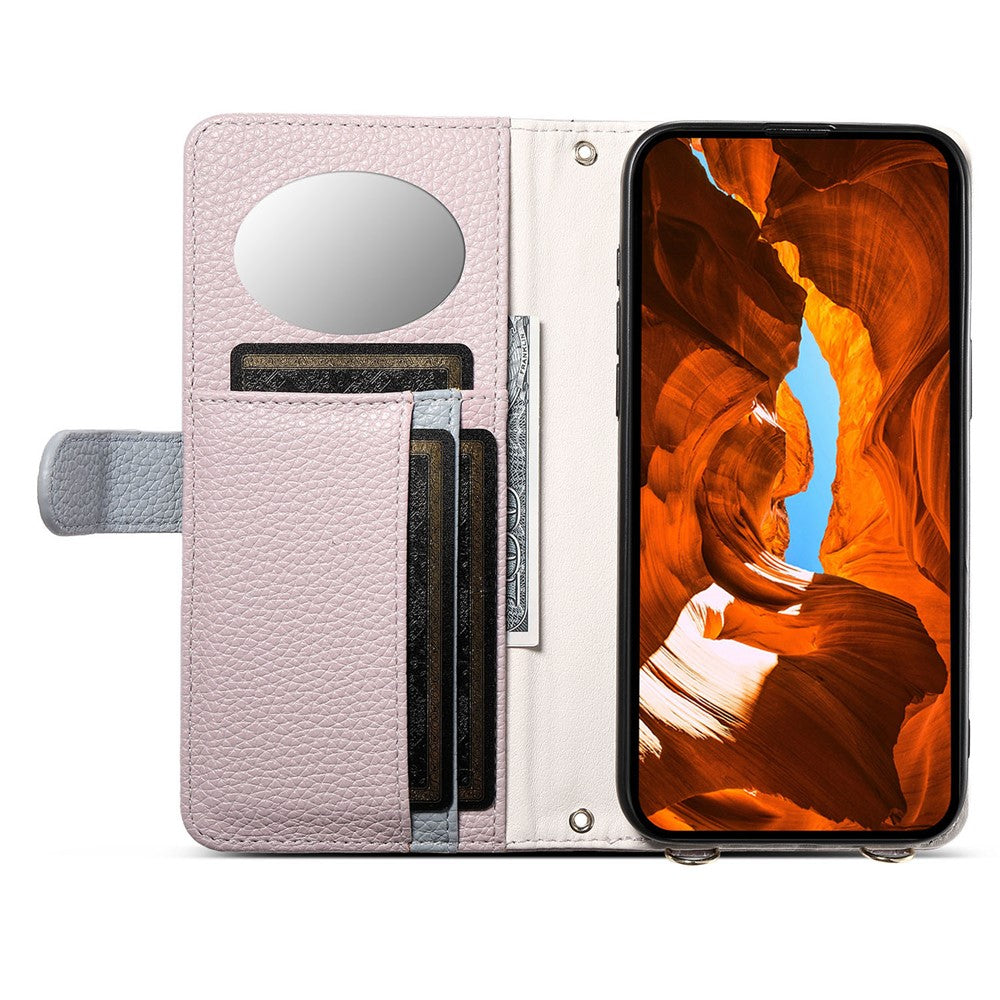 ESEBLE E11 For iPhone 17 Pro Max Case Zipper Pocket Litchi Texture Leather Phone Cover with Mirror and Wrist Strap - Light Purple