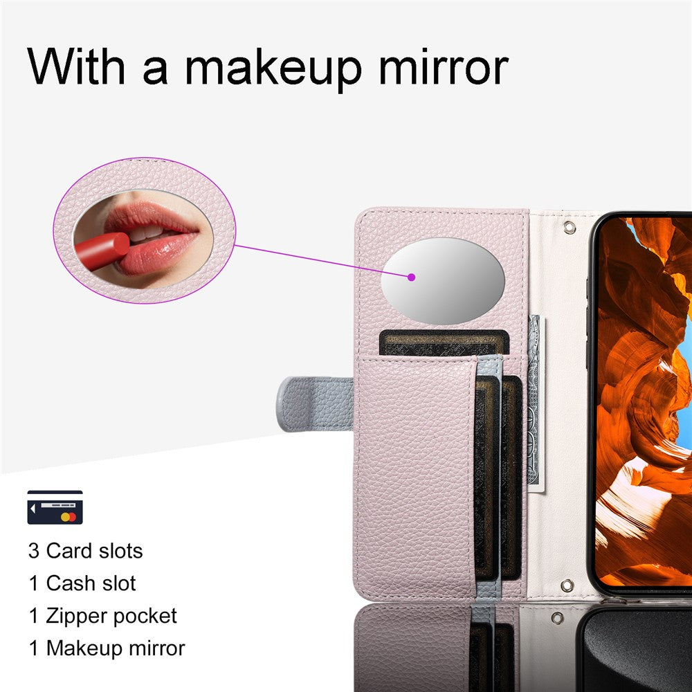 ESEBLE E11 For iPhone 17 Pro Max Case Zipper Pocket Litchi Texture Leather Phone Cover with Mirror and Wrist Strap - Light Purple