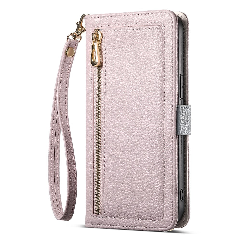 ESEBLE E11 For iPhone 17 Pro Max Case Zipper Pocket Litchi Texture Leather Phone Cover with Mirror and Wrist Strap - Light Purple
