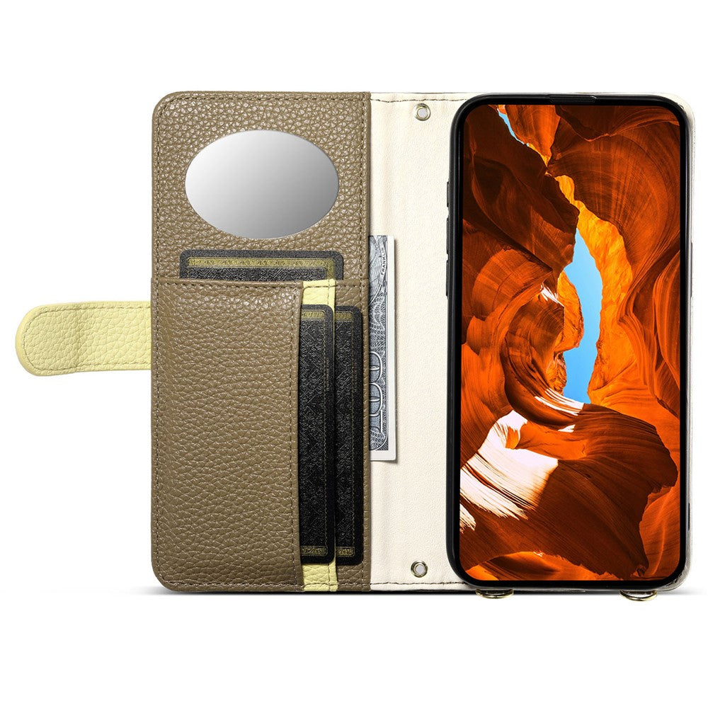 ESEBLE E11 For iPhone 17 Pro Max Case Zipper Pocket Litchi Texture Leather Phone Cover with Mirror and Wrist Strap - Brown