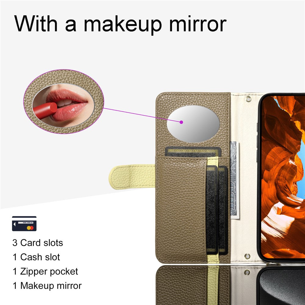 ESEBLE E11 For iPhone 17 Pro Max Case Zipper Pocket Litchi Texture Leather Phone Cover with Mirror and Wrist Strap - Brown