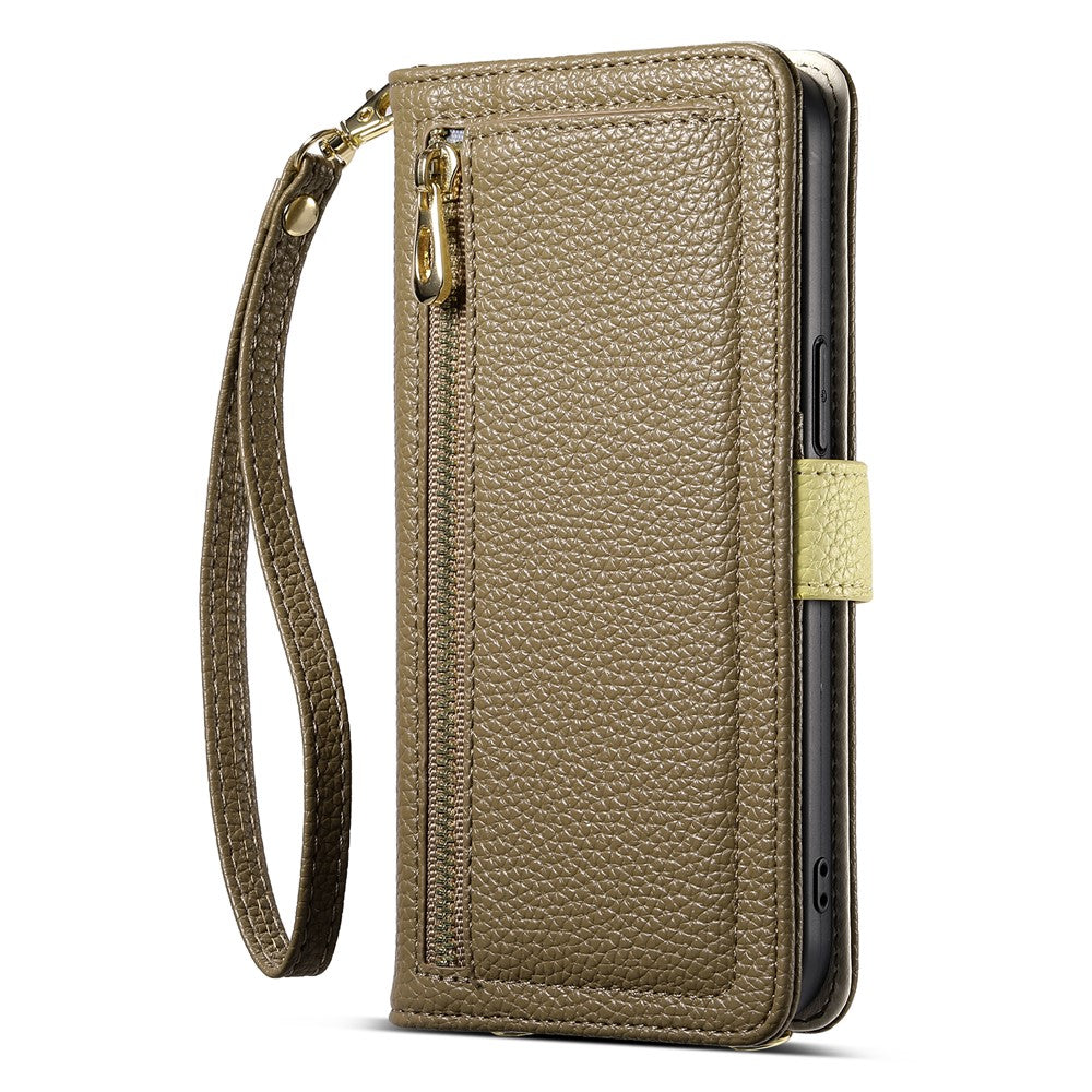 ESEBLE E11 For iPhone 17 Pro Max Case Zipper Pocket Litchi Texture Leather Phone Cover with Mirror and Wrist Strap - Brown