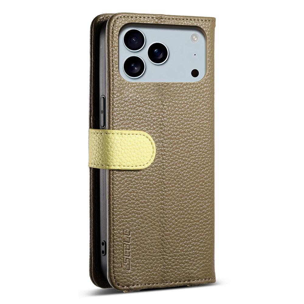 ESEBLE E11 For iPhone 17 Pro Max Case Zipper Pocket Litchi Texture Leather Phone Cover with Mirror and Wrist Strap - Brown
