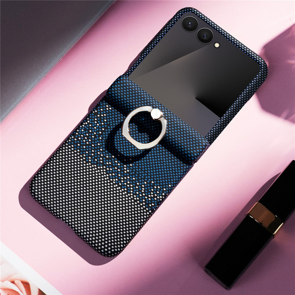 For Samsung Galaxy Z Flip7 5G Phone Case Ring Holder Kickstand PC Cover with Tempered Glass Screen Protector - Blue