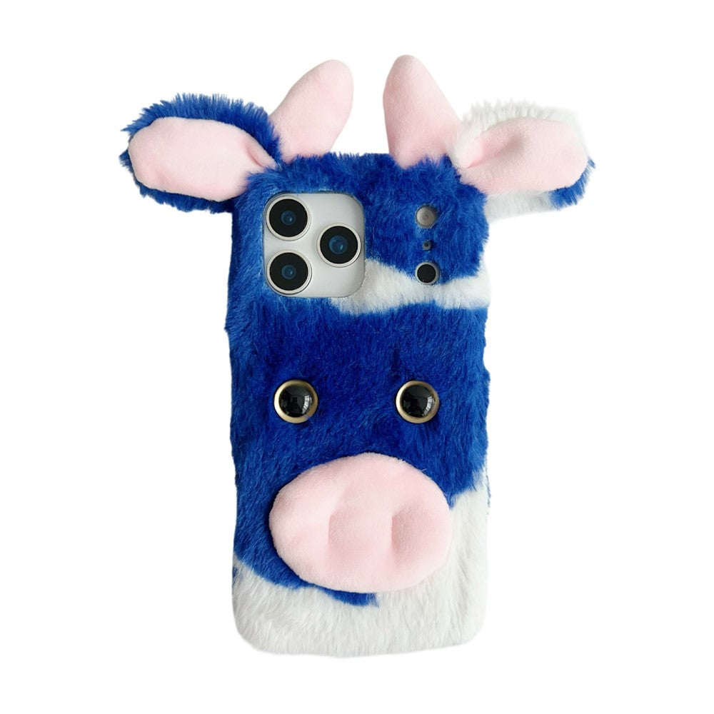 For iPhone 17 Pro Max Case Fluffy Cute Cow Winter Plush Inner TPU Phone Cover - Blue