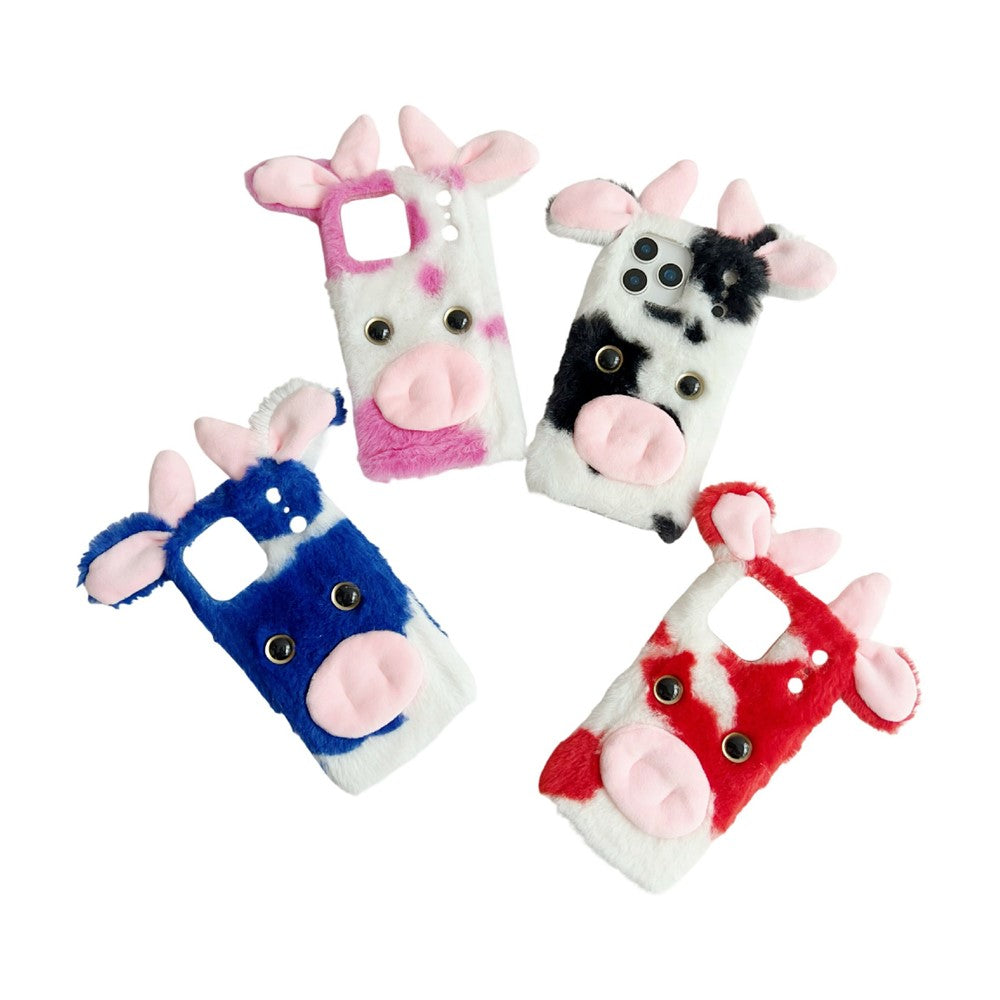 For iPhone 17 Pro Max Case Fluffy Cute Cow Winter Plush Inner TPU Phone Cover - Pink
