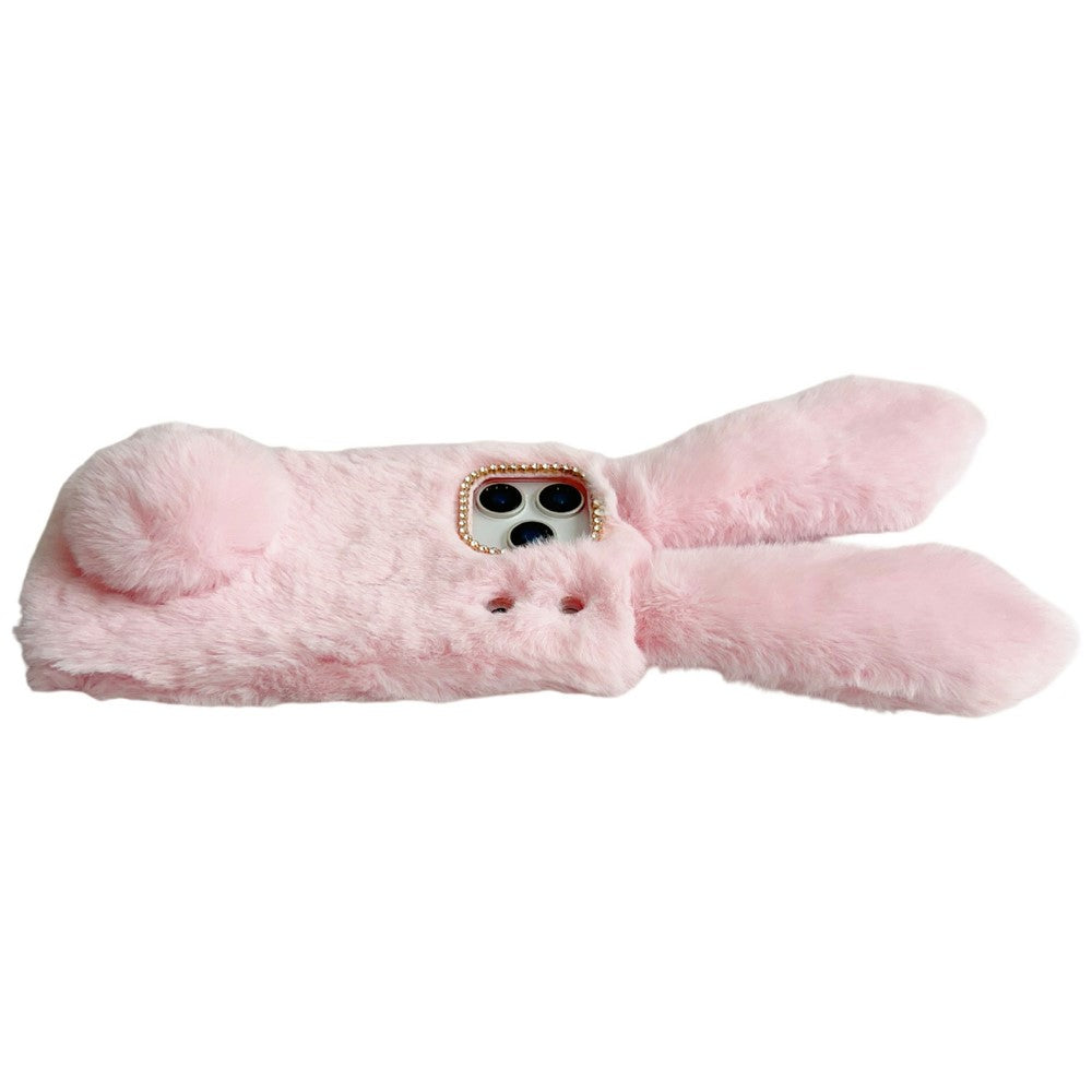 For iPhone 17 Pro Max Case Plush Cute Bunny Winter Fluffy TPU Phone Cover - White