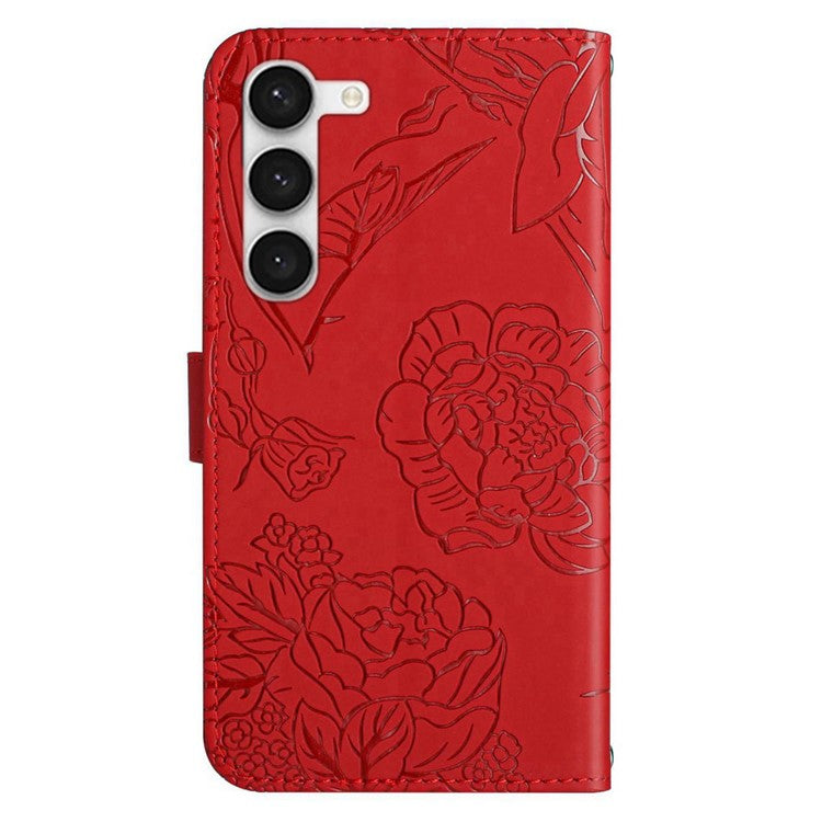 For Samsung Galaxy S23 HT03 Skin-touch PU Leather Wallet Case Stand Magnetic Closure Imprinted Butterfly Flowers Phone Cover with Strap - Red