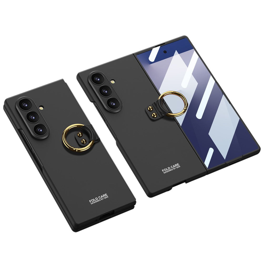 GKK For Samsung Galaxy Z Fold7 5G Case with Ring Holder Slim Hard PC + Tempered Glass Phone Cover - Black