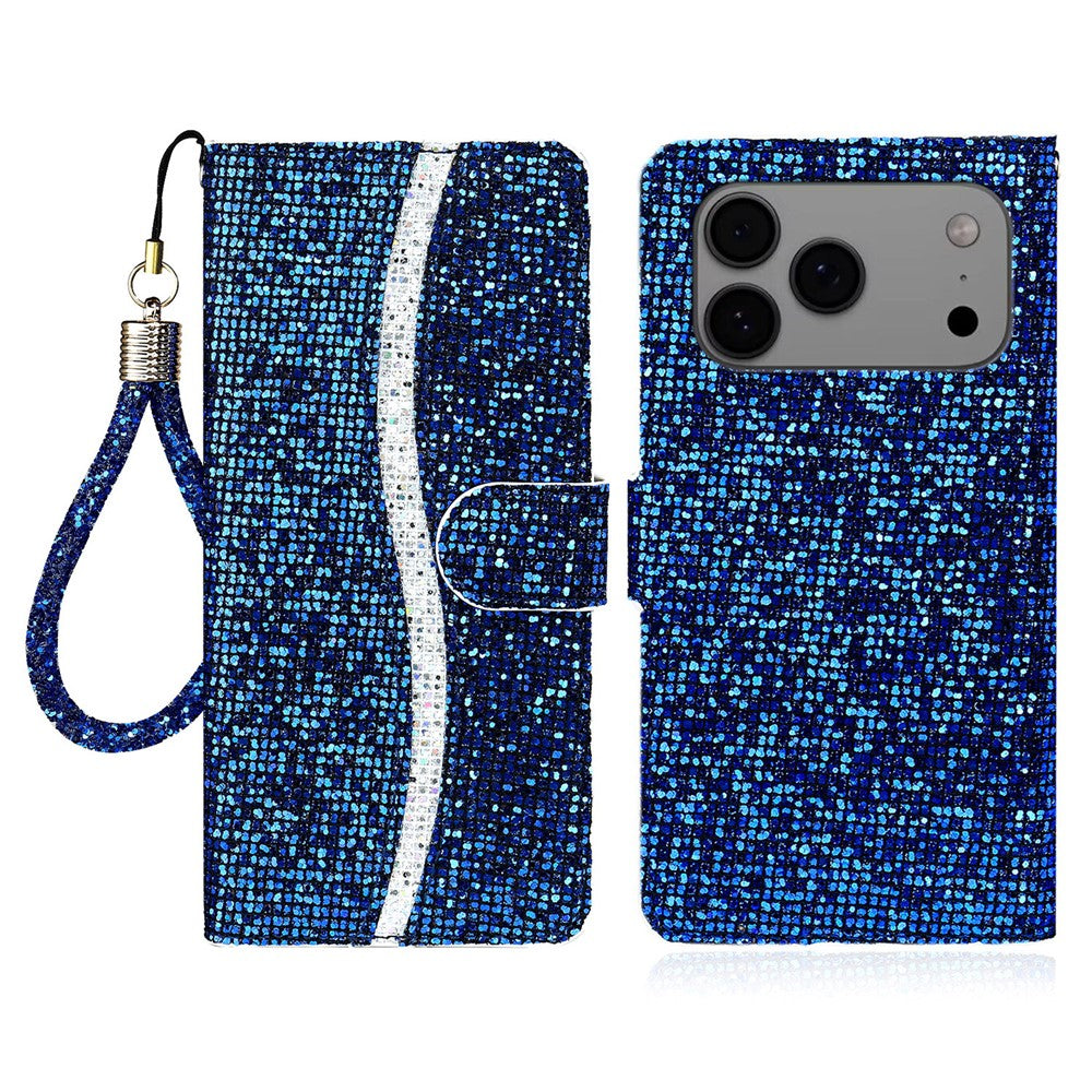 For iPhone 17 Pro Max Case PU Leather Wallet Card Slots Glitter Phone Cover - Blue