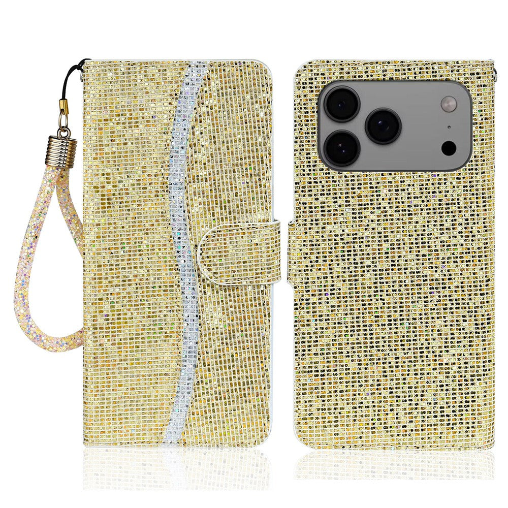 For iPhone 17 Pro Max Case PU Leather Wallet Card Slots Glitter Phone Cover - Gold