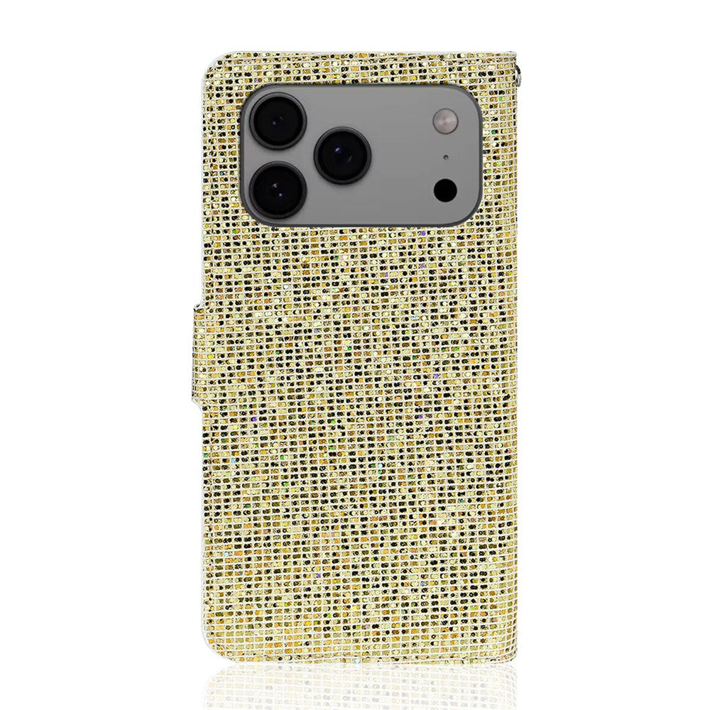 For iPhone 17 Pro Max Case PU Leather Wallet Card Slots Glitter Phone Cover - Gold