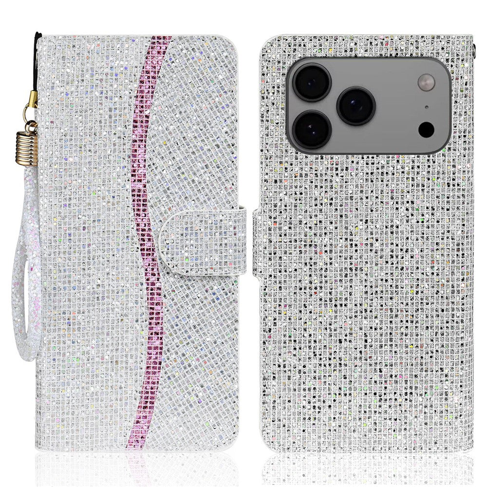 For iPhone 17 Pro Max Case PU Leather Wallet Card Slots Glitter Phone Cover - Silver
