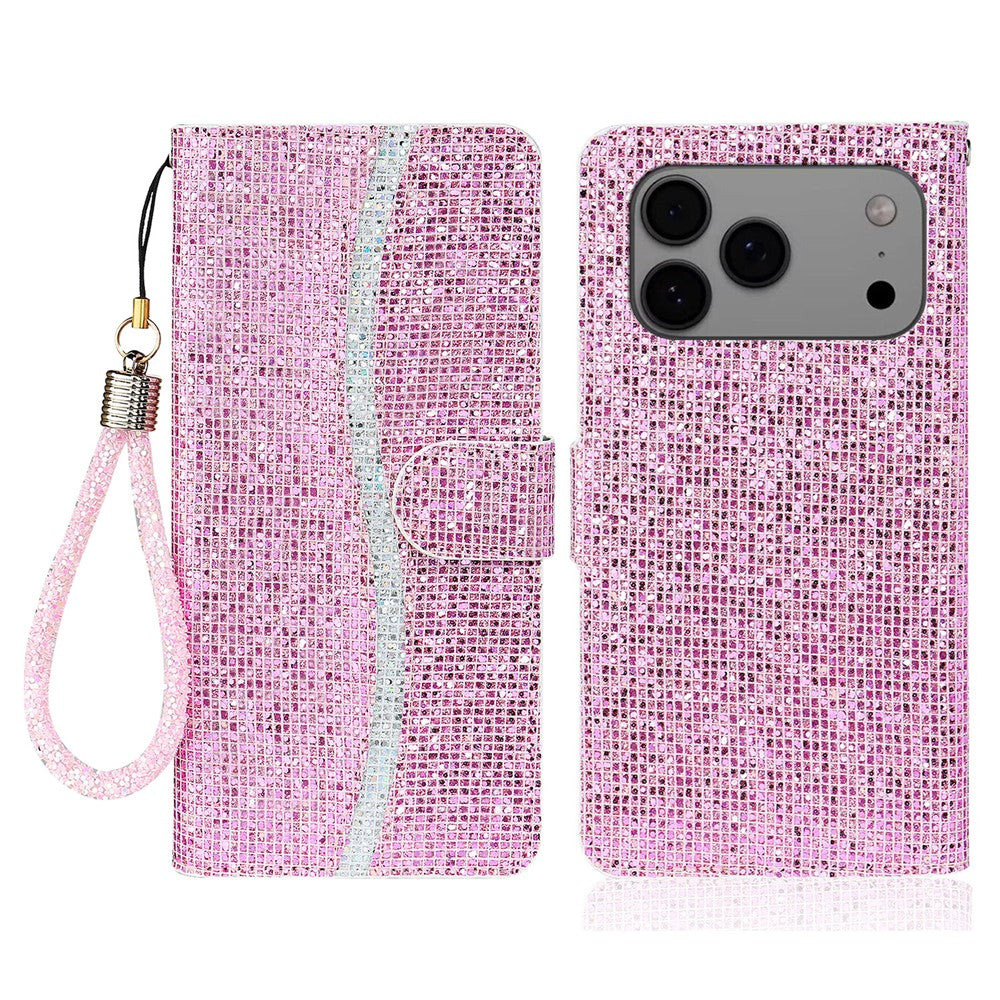 For iPhone 17 Pro Max Case PU Leather Wallet Card Slots Glitter Phone Cover - Pink