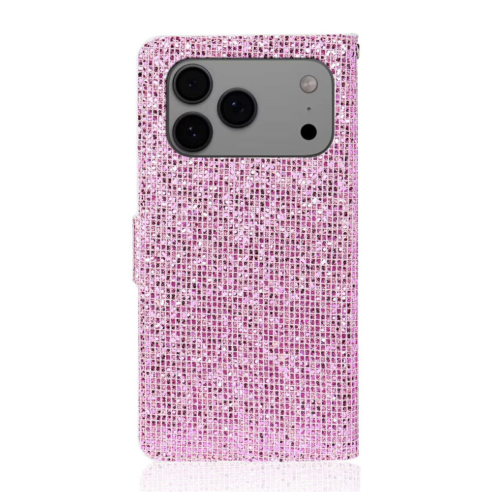 For iPhone 17 Pro Max Case PU Leather Wallet Card Slots Glitter Phone Cover - Pink