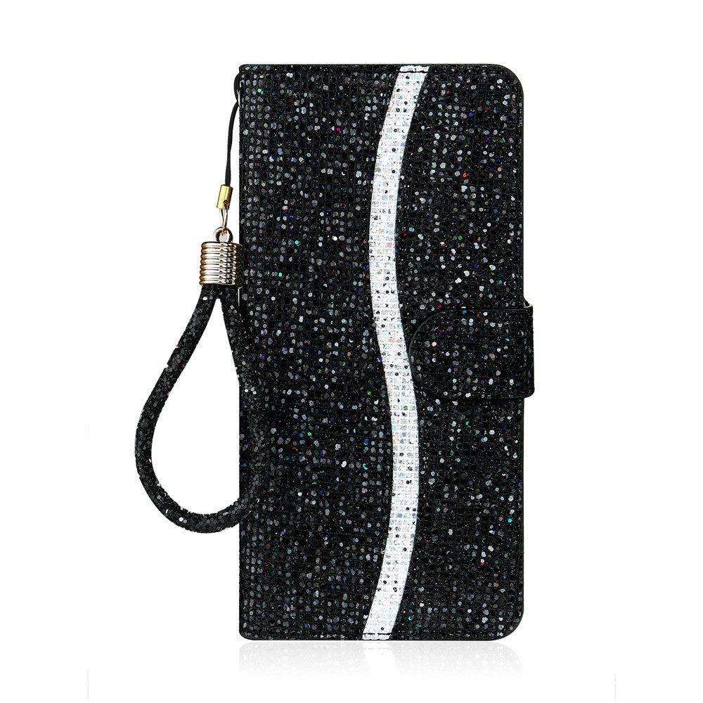 For iPhone 17 Pro Max Case PU Leather Wallet Card Slots Glitter Phone Cover - Black