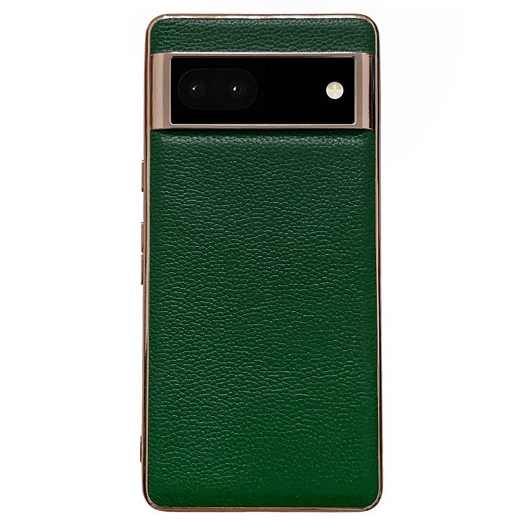 For Google Pixel 6a Anti-collision Litchi Texture Genuine Leather Coated TPU Phone Case Nano Electroplating Cell Phone Back Cover - Green