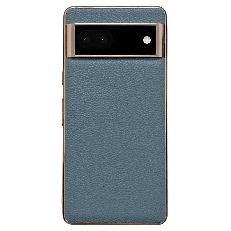 For Google Pixel 6a Anti-collision Litchi Texture Genuine Leather Coated TPU Phone Case Nano Electroplating Cell Phone Back Cover - Blue