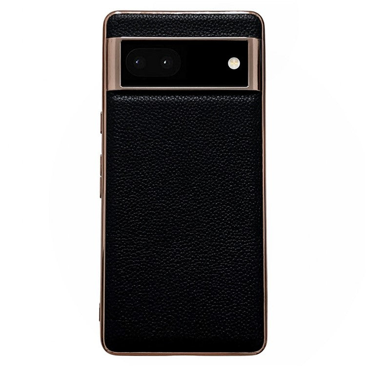 For Google Pixel 6a Anti-collision Litchi Texture Genuine Leather Coated TPU Phone Case Nano Electroplating Cell Phone Back Cover - Black