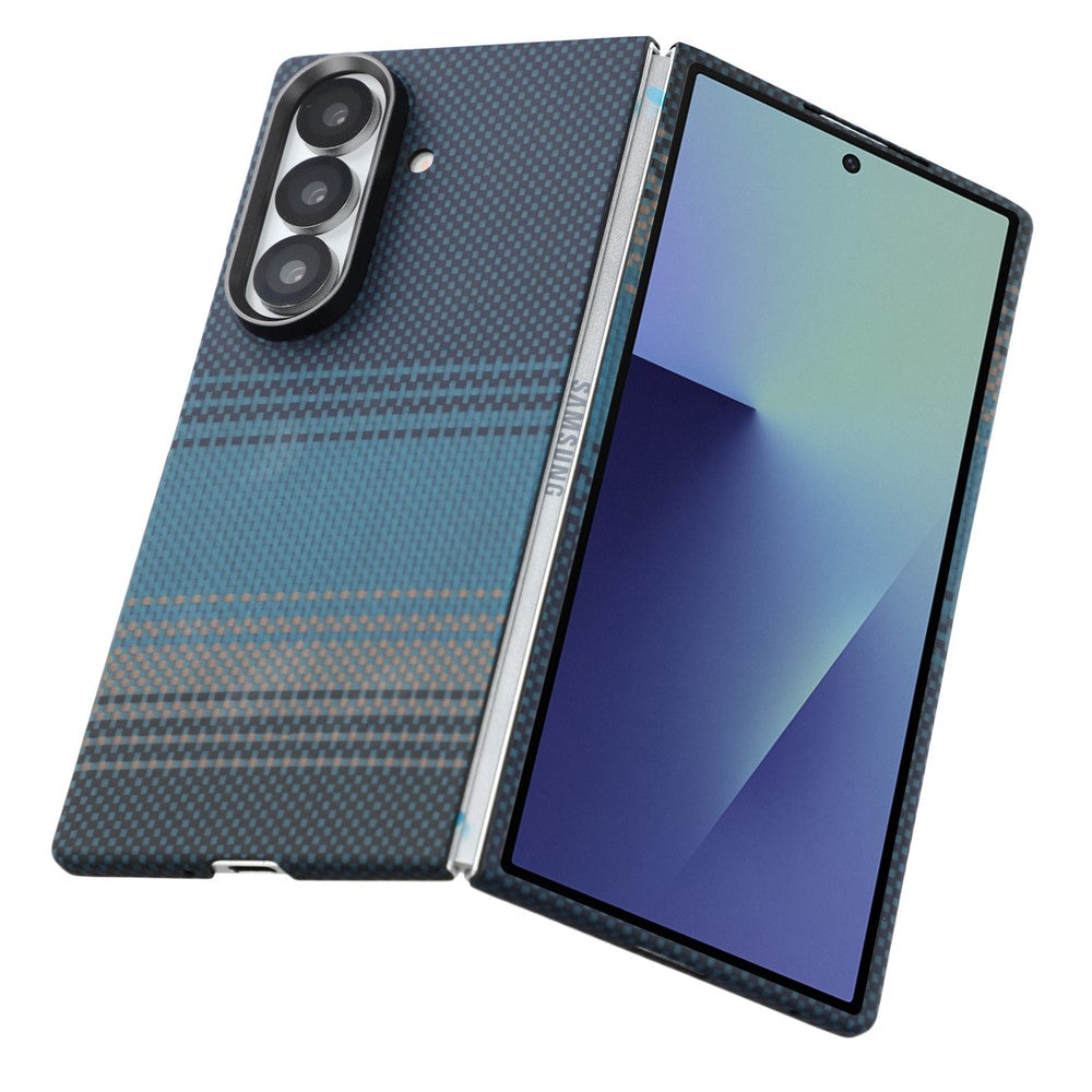 For Samsung Galaxy Z Fold7 5G Case Gradient Aramid Fiber Magnetic Phone Cover with Metal Lens Frame - Blue Floating Weave