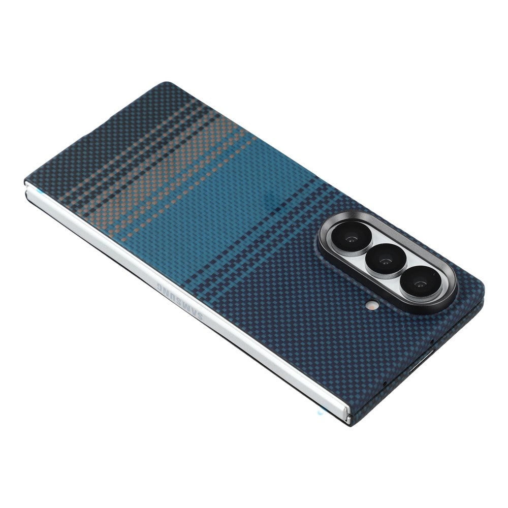 For Samsung Galaxy Z Fold7 5G Case Gradient Aramid Fiber Magnetic Phone Cover with Metal Lens Frame - Blue Floating Weave