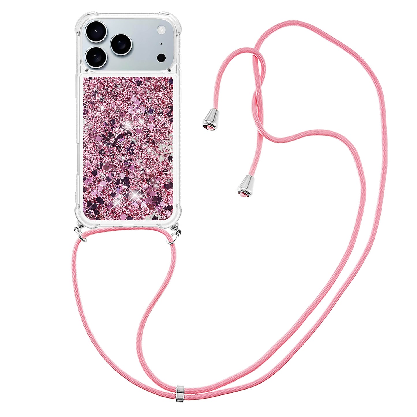For iPhone 17 Pro Max TPU Case Quicksand Phone Cover with Lanyard - Rose Gold / Hearts