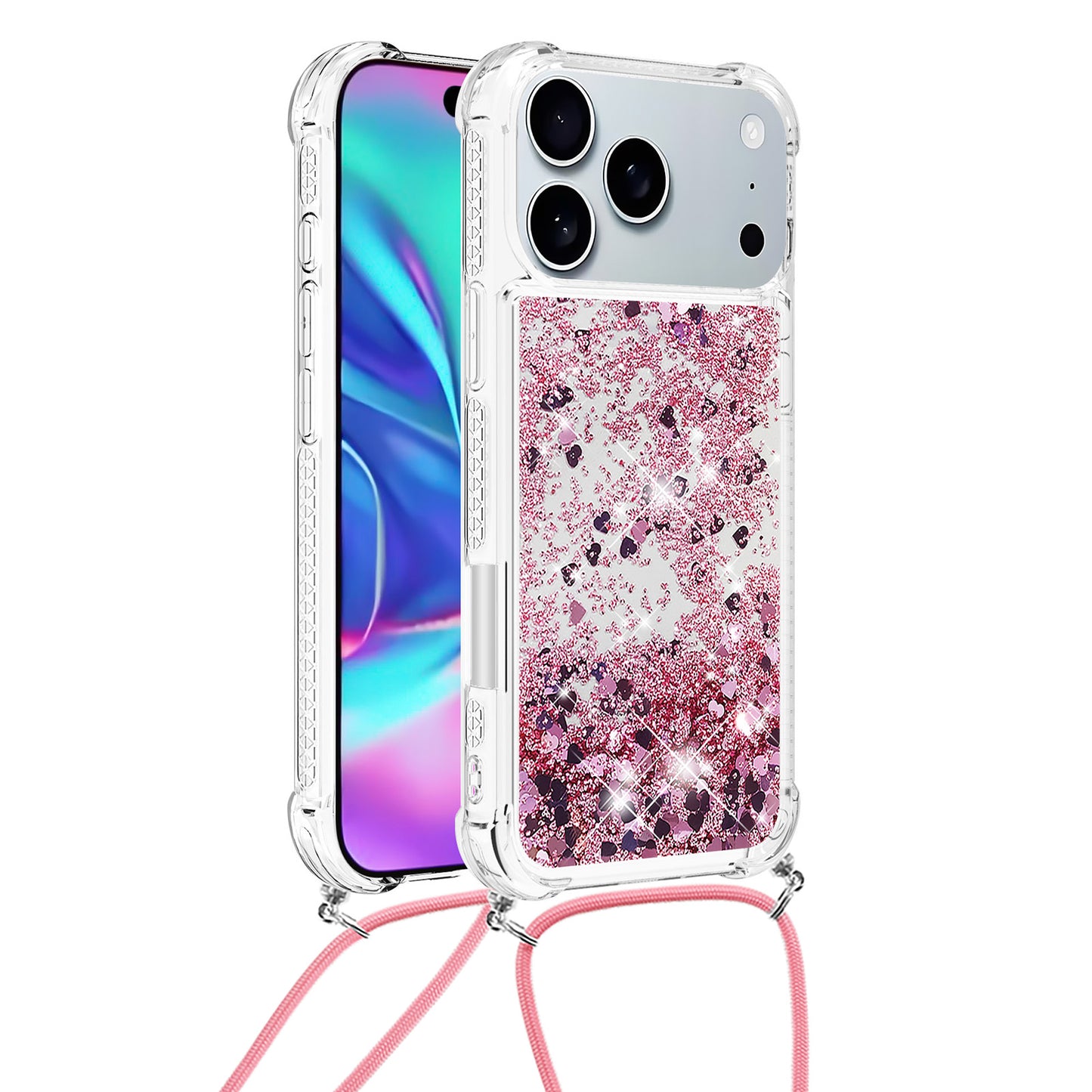 For iPhone 17 Pro Max TPU Case Quicksand Phone Cover with Lanyard - Rose Gold / Hearts
