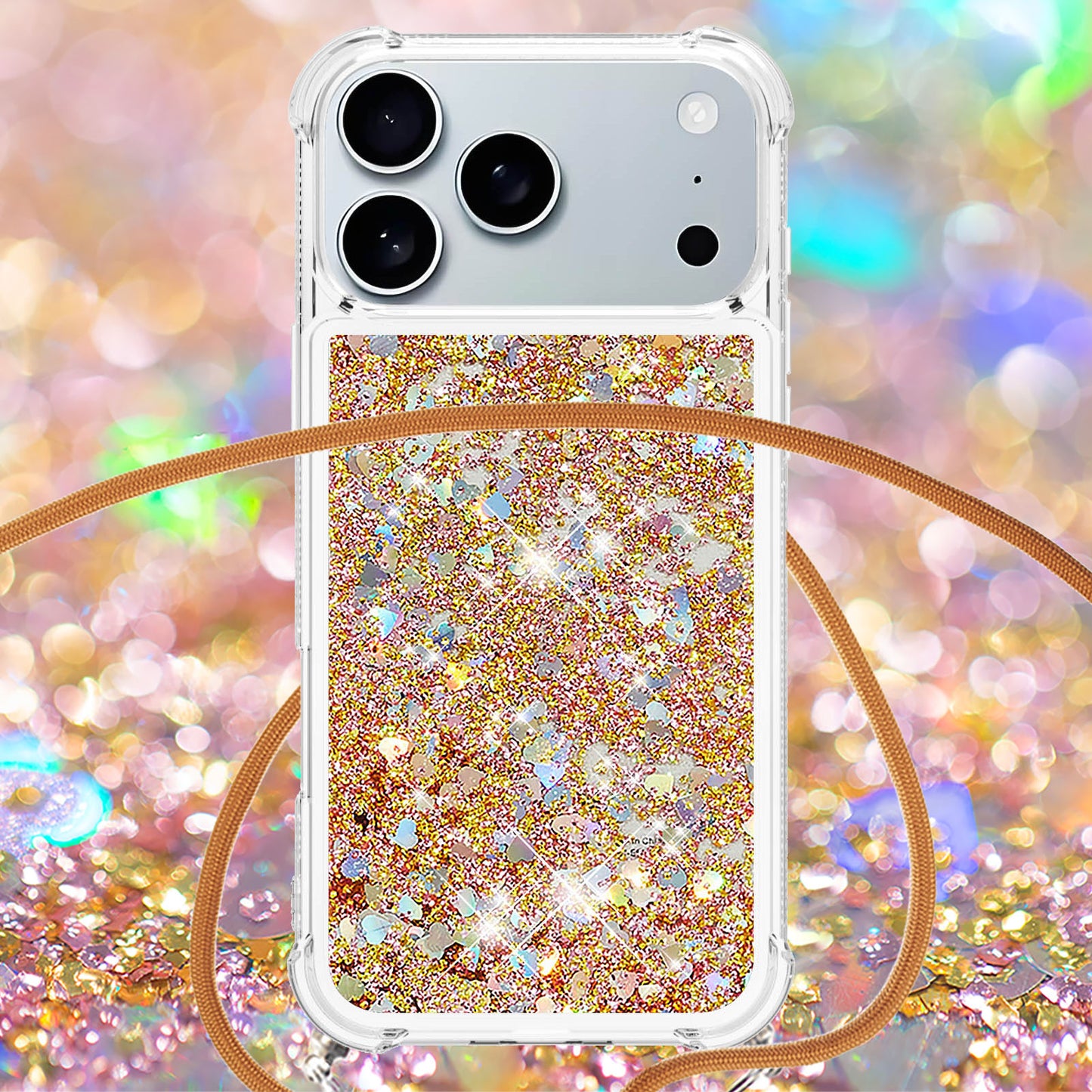 For iPhone 17 Pro Max TPU Case Quicksand Phone Cover with Lanyard - Gold / Hearts