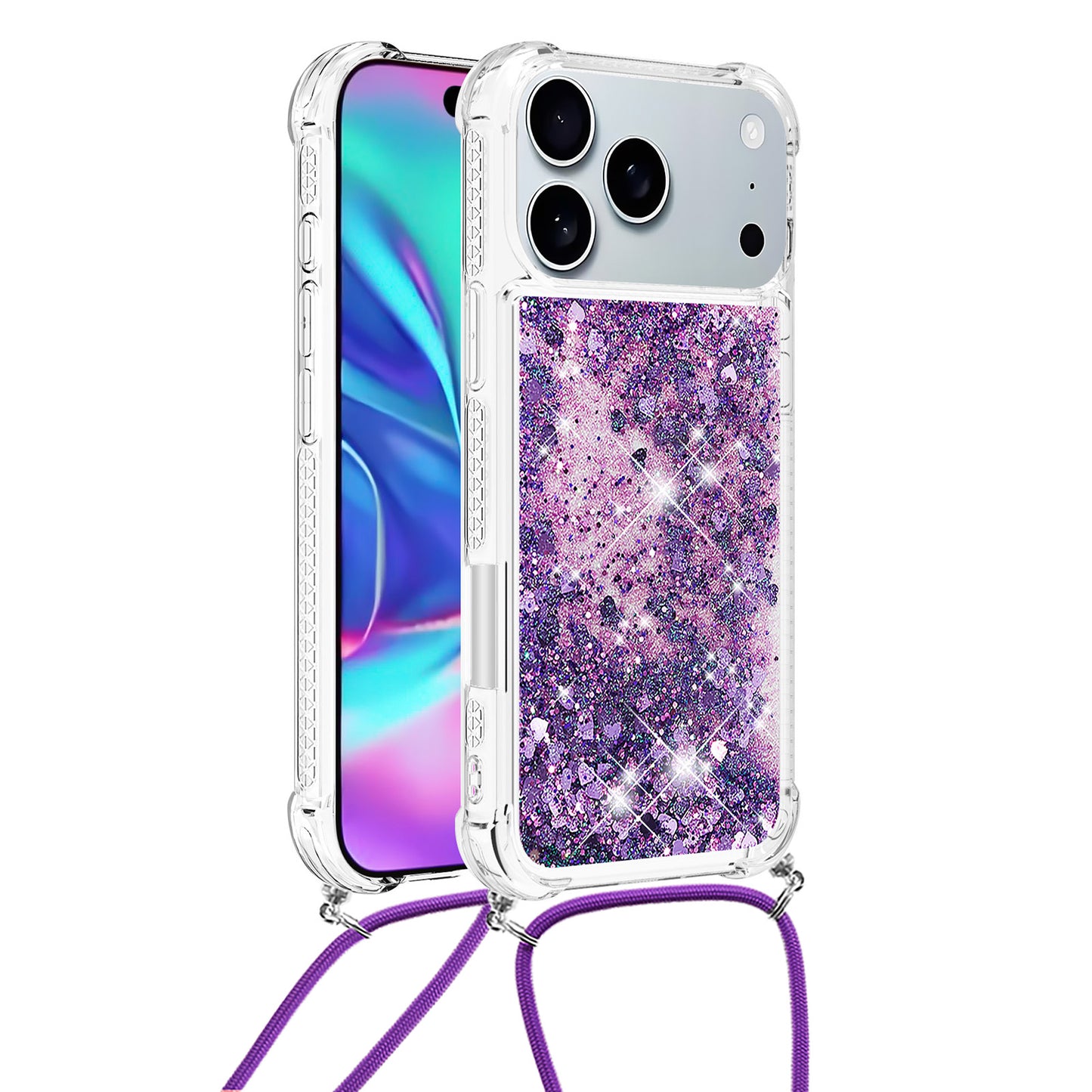For iPhone 17 Pro Max TPU Case Quicksand Phone Cover with Lanyard - Dark Purple / Hearts