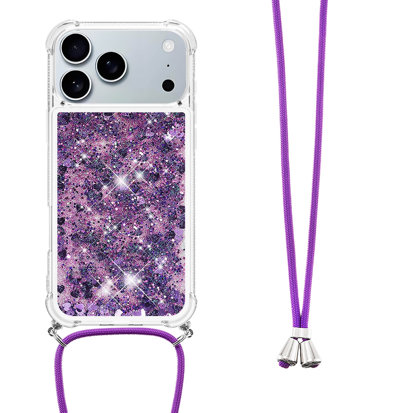 For iPhone 17 Pro Max TPU Case Quicksand Phone Cover with Lanyard - Dark Purple / Hearts