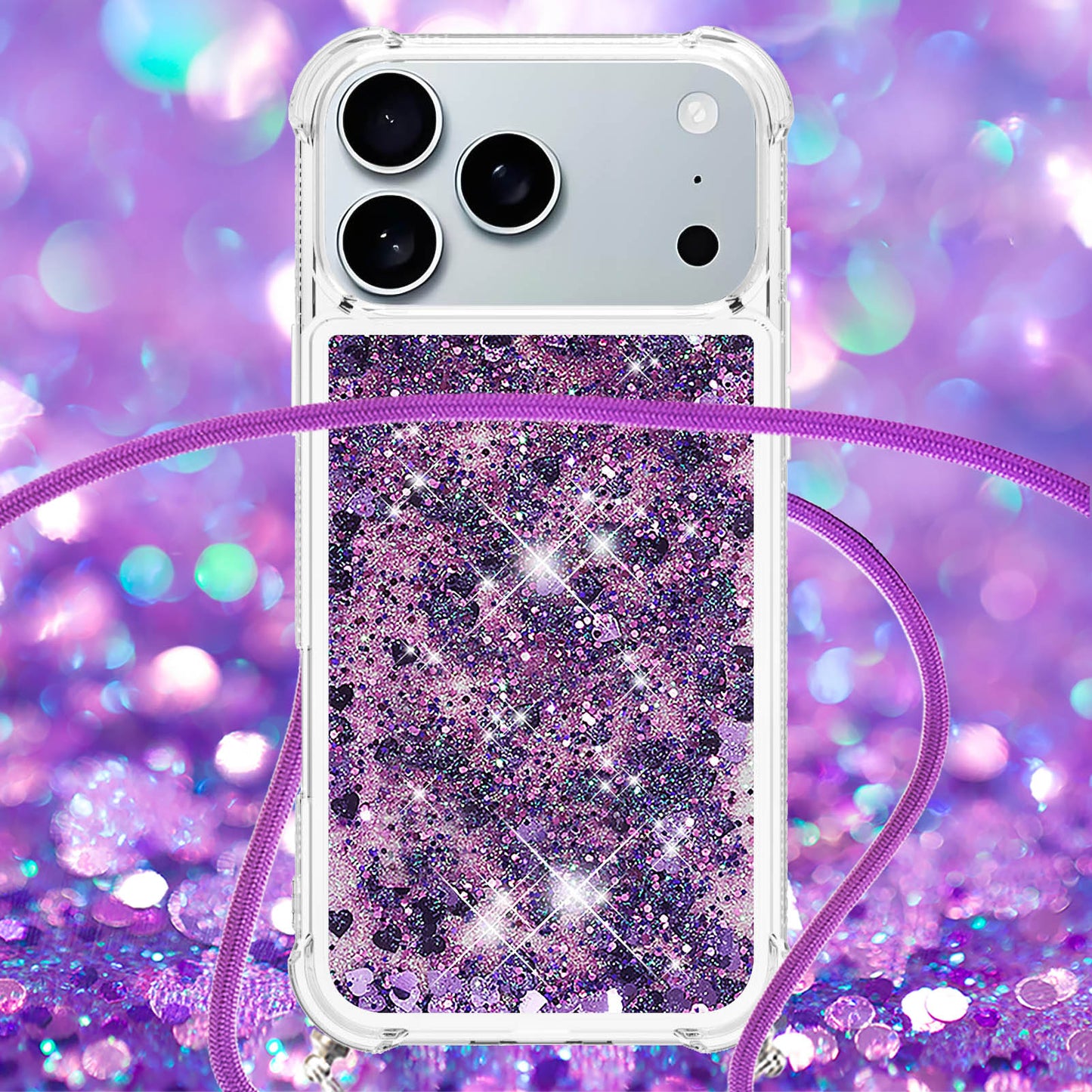 For iPhone 17 Pro Max TPU Case Quicksand Phone Cover with Lanyard - Dark Purple / Hearts