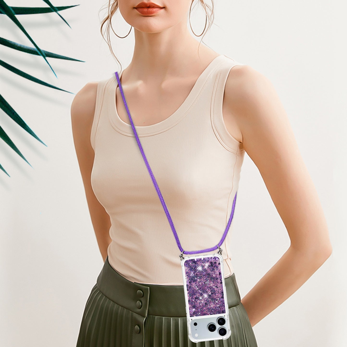 For iPhone 17 Pro Max TPU Case Quicksand Phone Cover with Lanyard - Dark Purple / Hearts