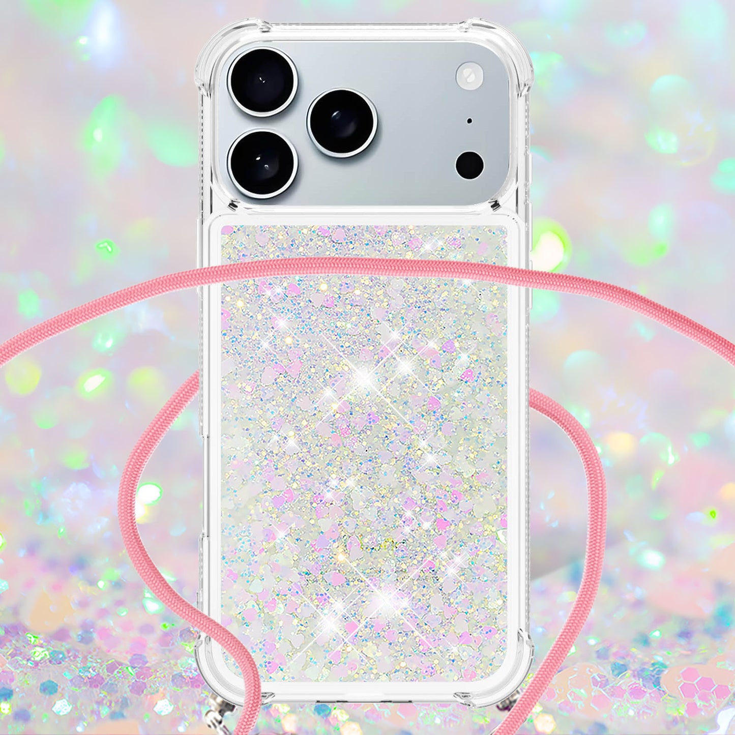 For iPhone 17 Pro Max TPU Case Quicksand Phone Cover with Lanyard - Laser / Hearts