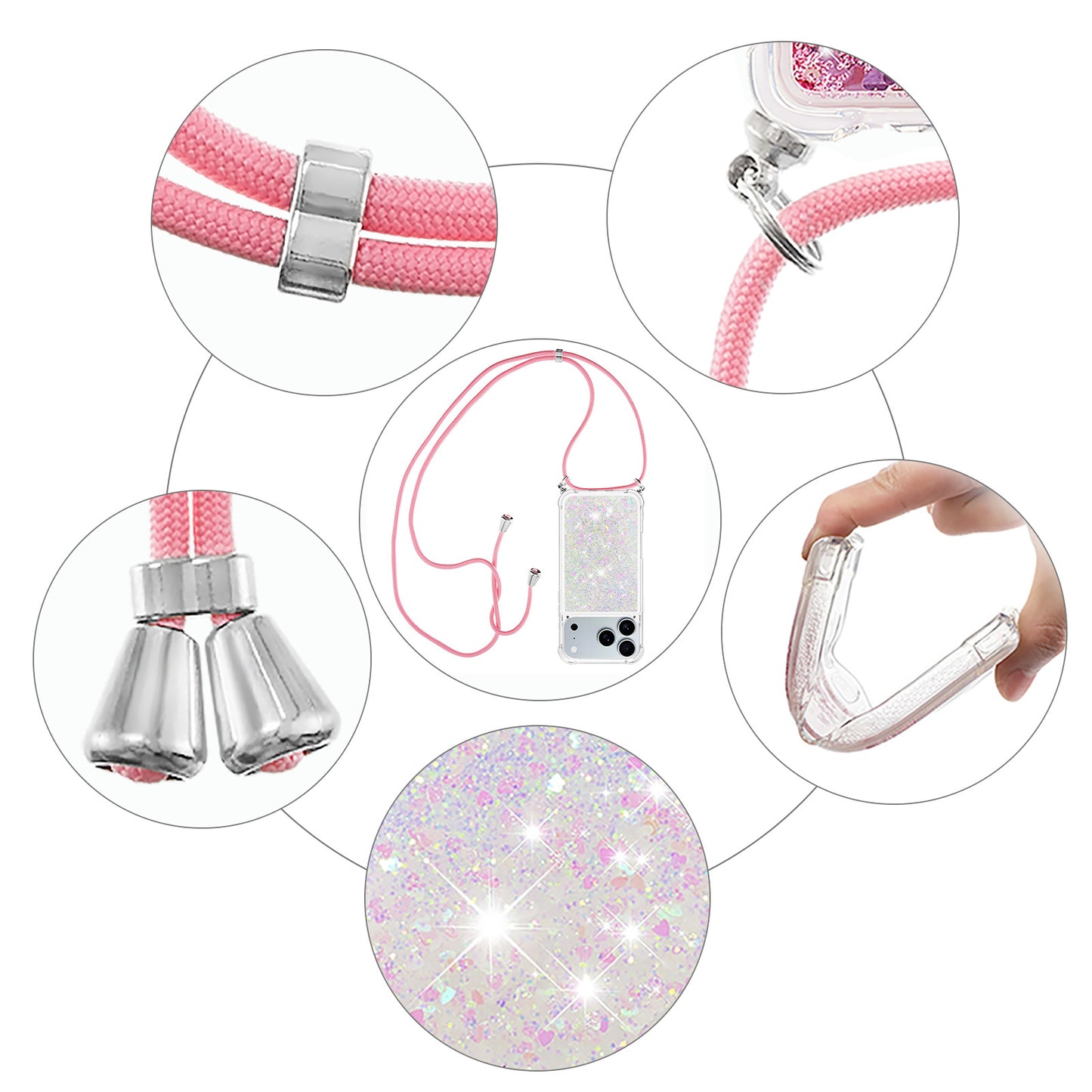 For iPhone 17 Pro Max TPU Case Quicksand Phone Cover with Lanyard - Laser / Hearts