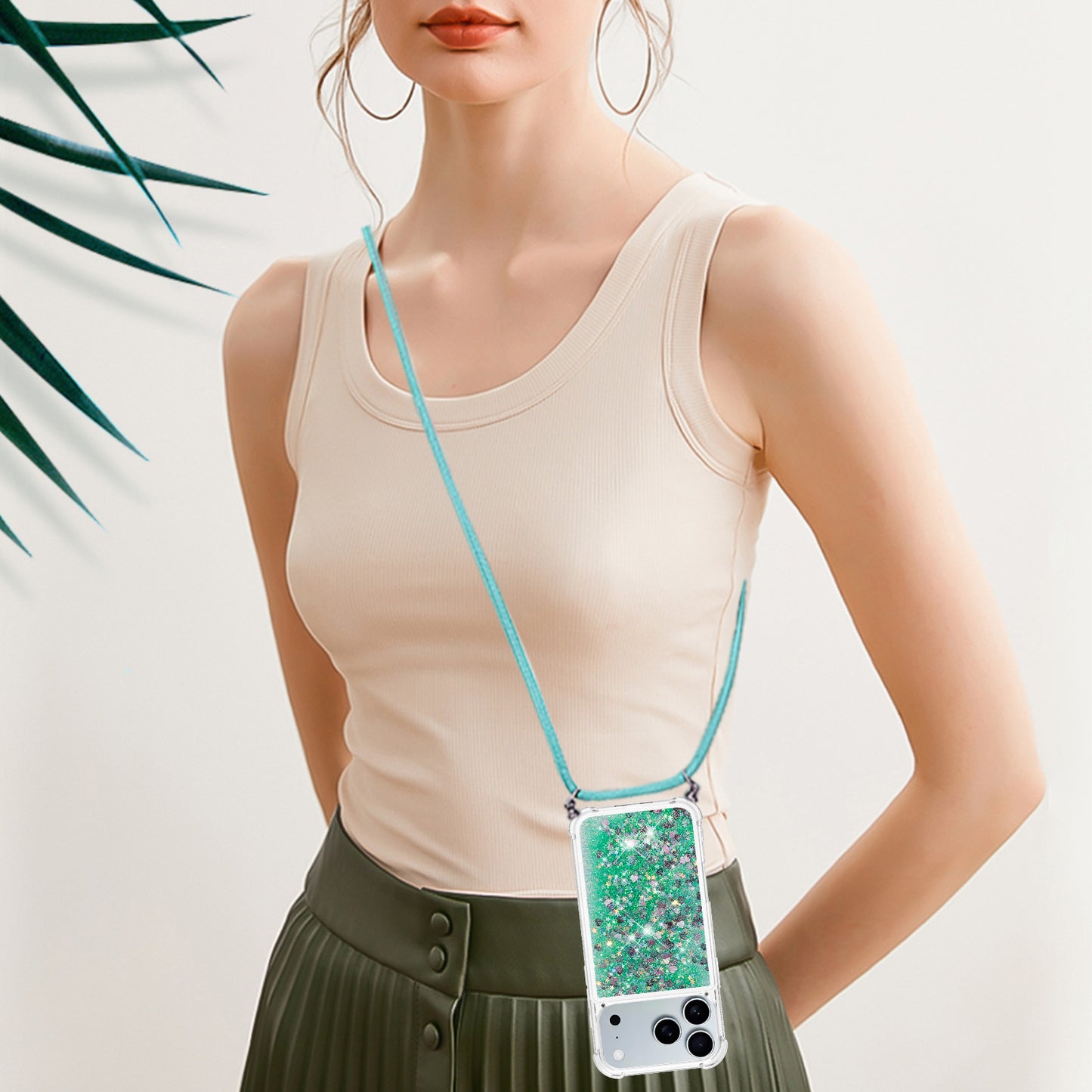 For iPhone 17 Pro Max TPU Case Quicksand Phone Cover with Lanyard - Green / Hearts