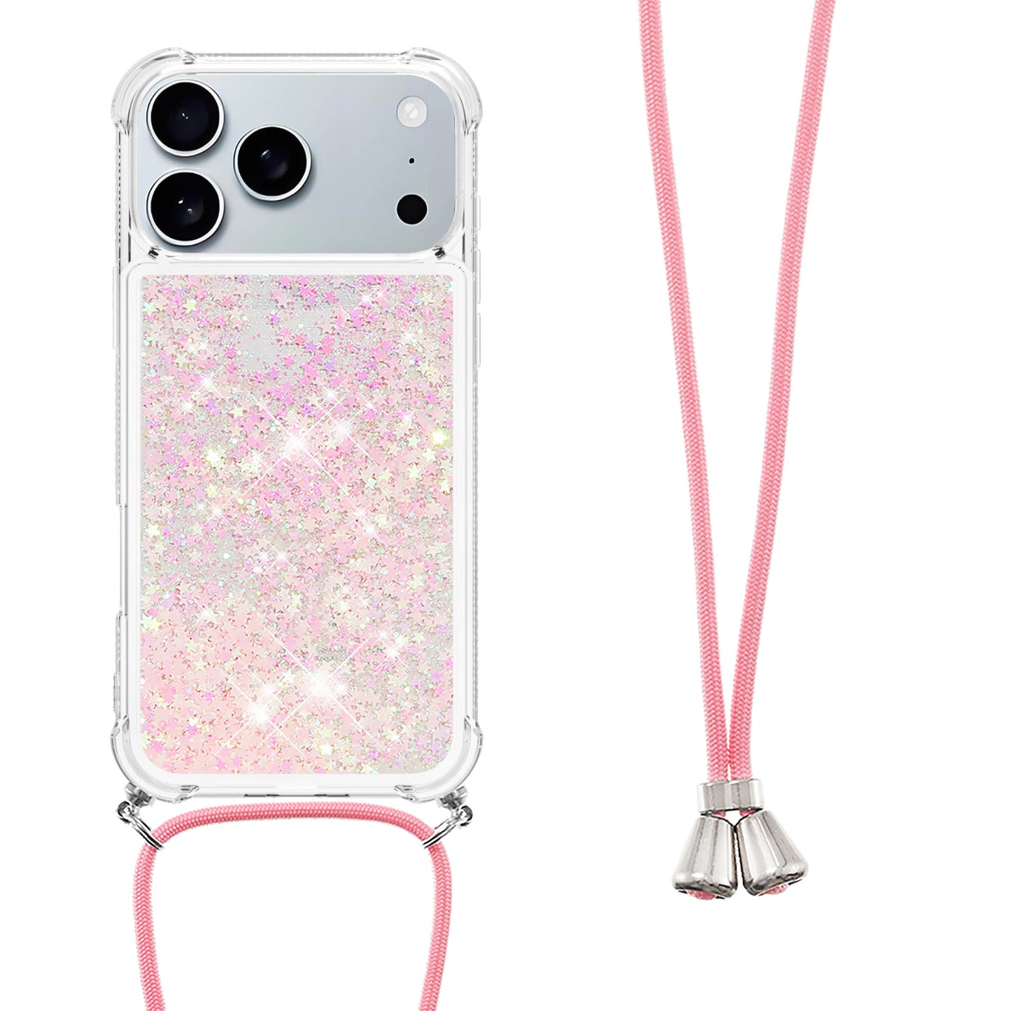 For iPhone 17 Pro Max TPU Case Quicksand Phone Cover with Lanyard - Pink / Pentagrams