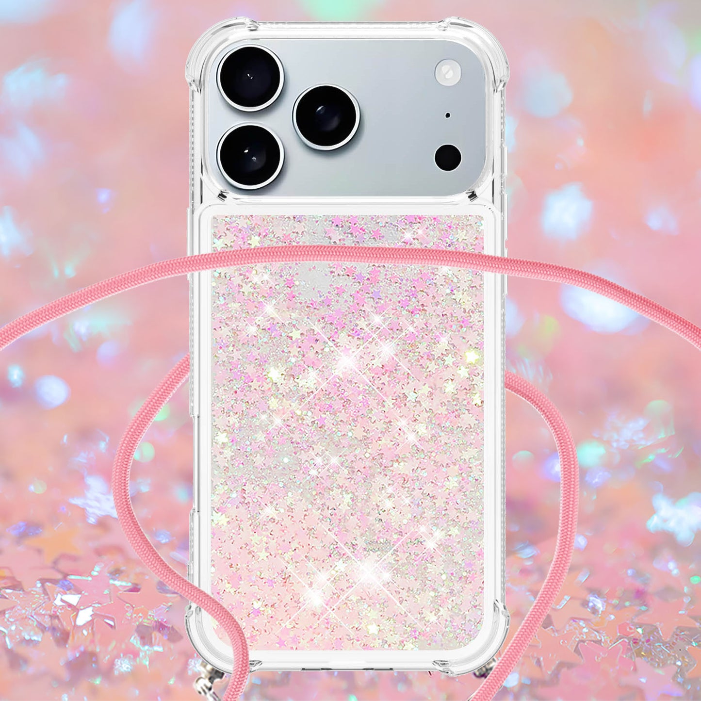 For iPhone 17 Pro Max TPU Case Quicksand Phone Cover with Lanyard - Pink / Pentagrams