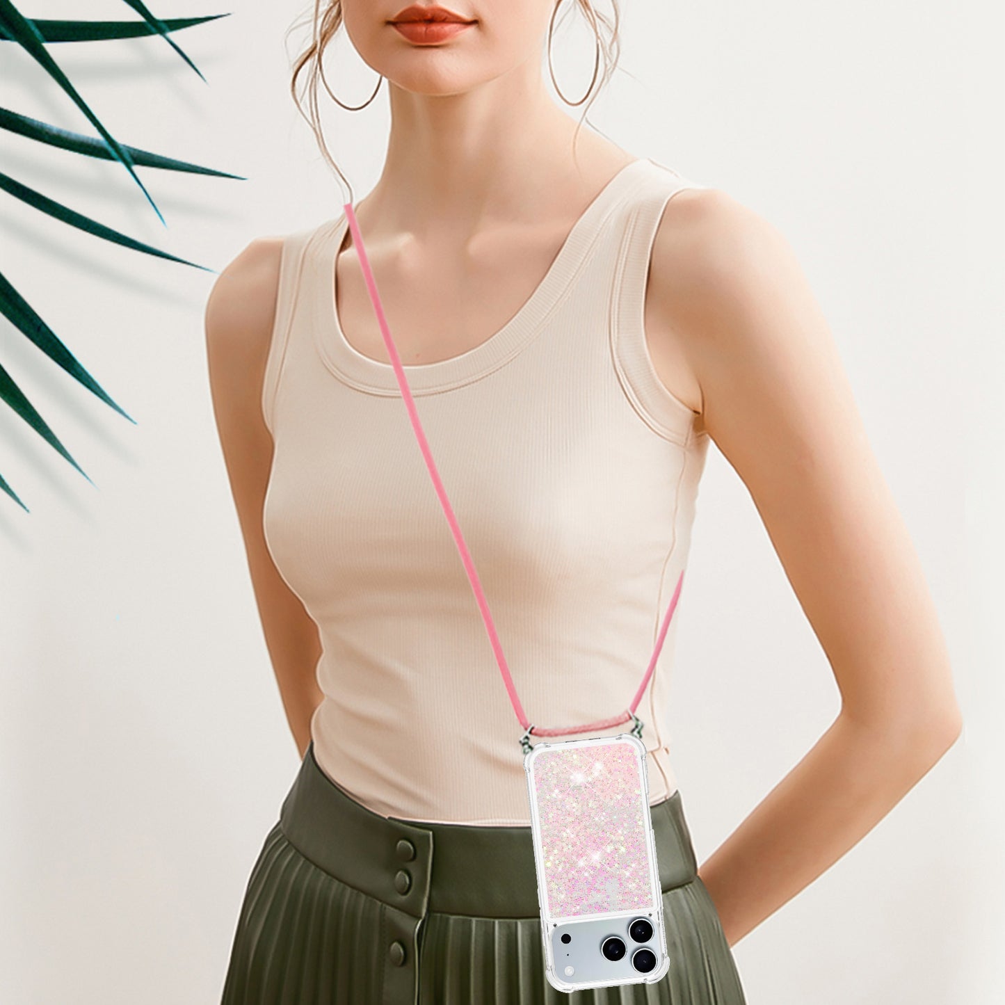 For iPhone 17 Pro Max TPU Case Quicksand Phone Cover with Lanyard - Pink / Pentagrams